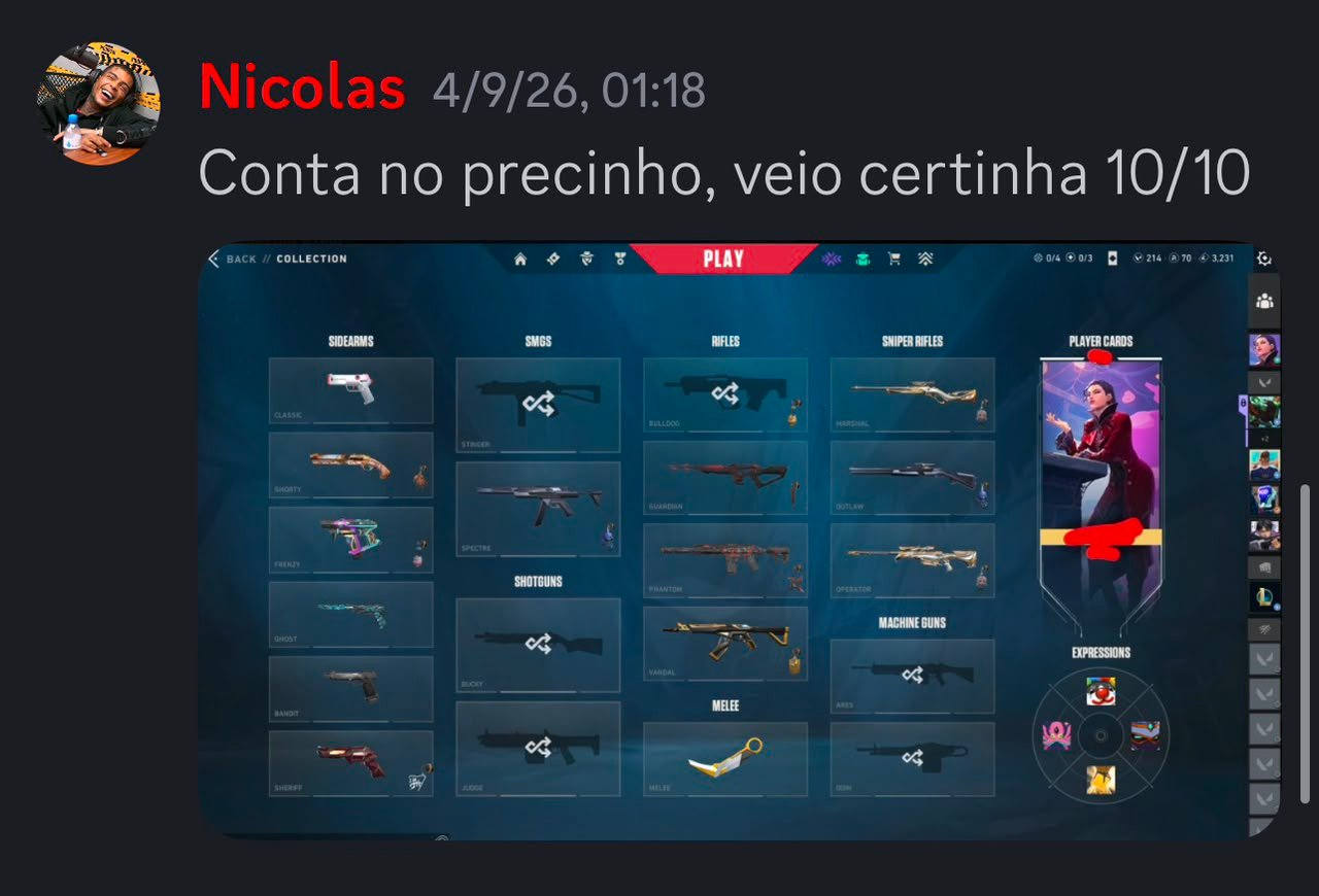 Depoimento de compra enviado por Nicolas no Discord