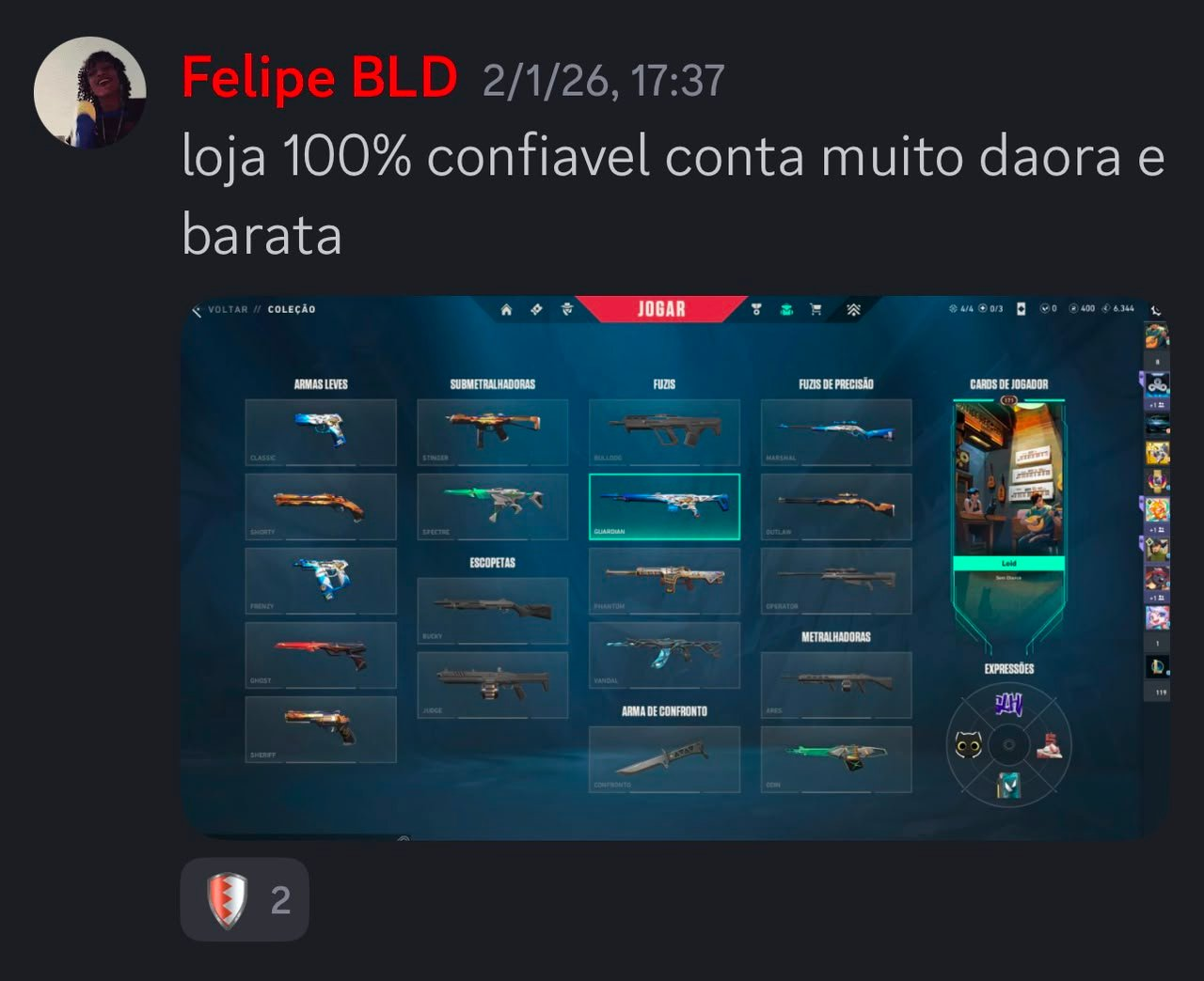Depoimento de compra enviado por Felipe BLD no Discord