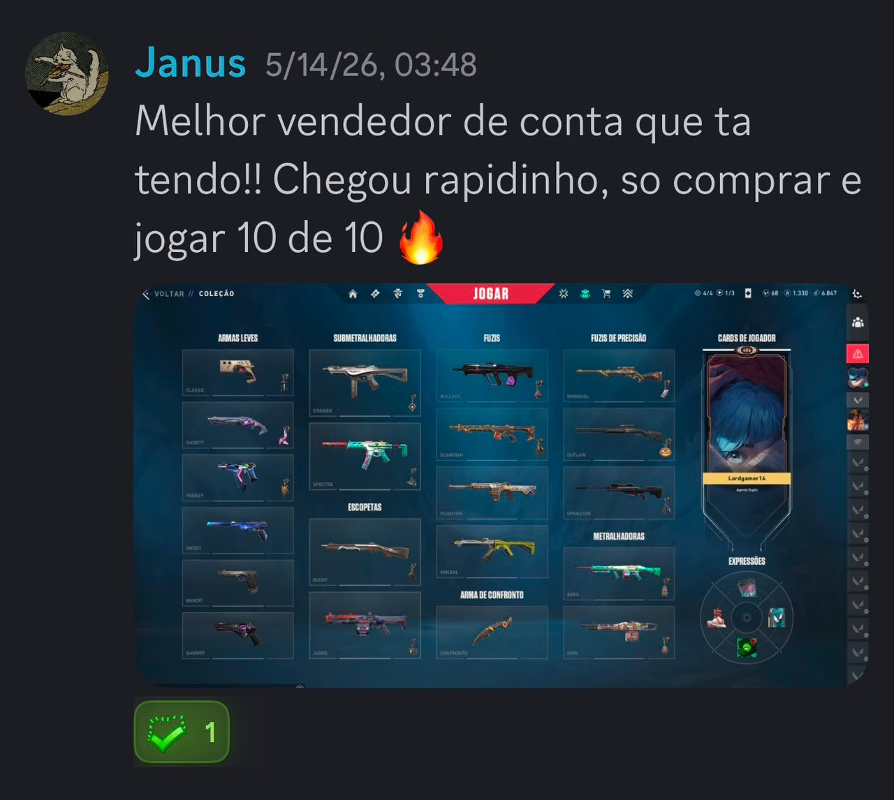 Depoimento de compra enviado por Janus no Discord