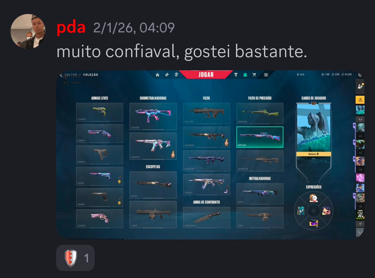 Depoimento de compra enviado por pda no Discord