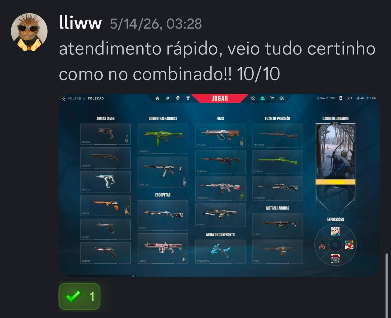 Depoimento de compra enviado por Iliww no Discord