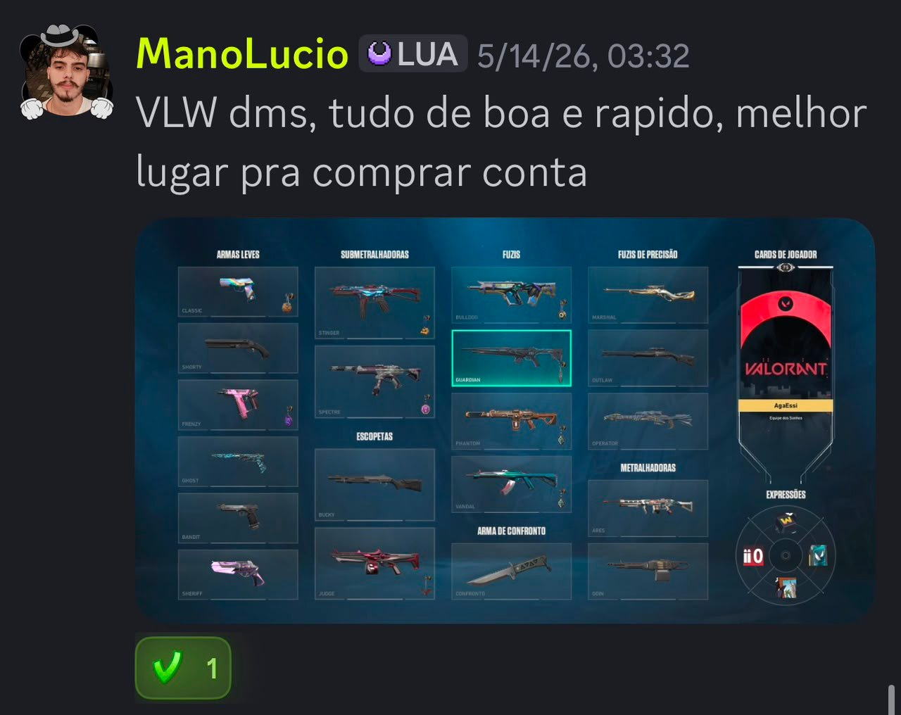 Depoimento de compra enviado por ManoLucio no Discord