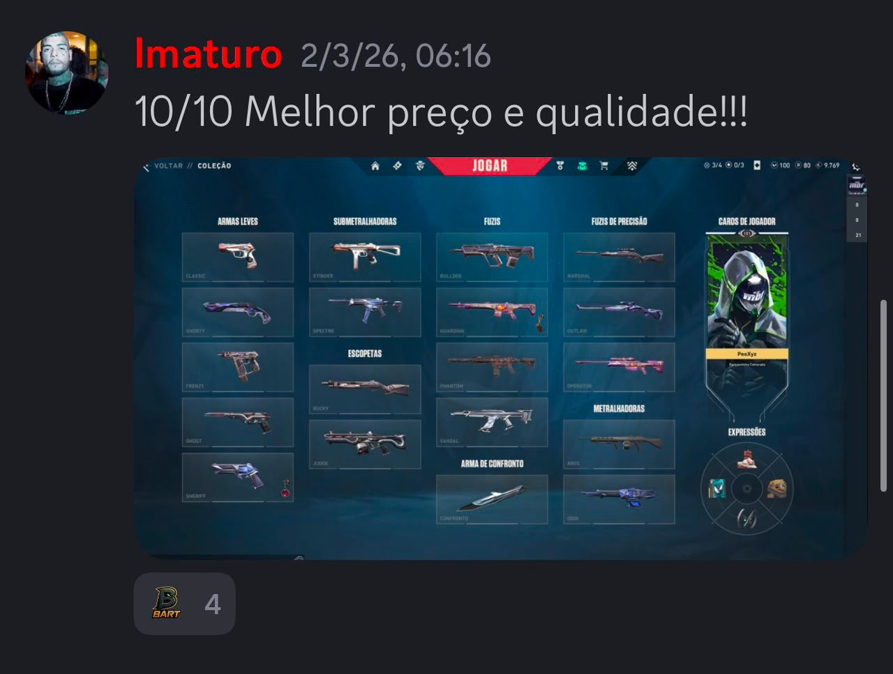 Depoimento de compra enviado por Imaturo no Discord